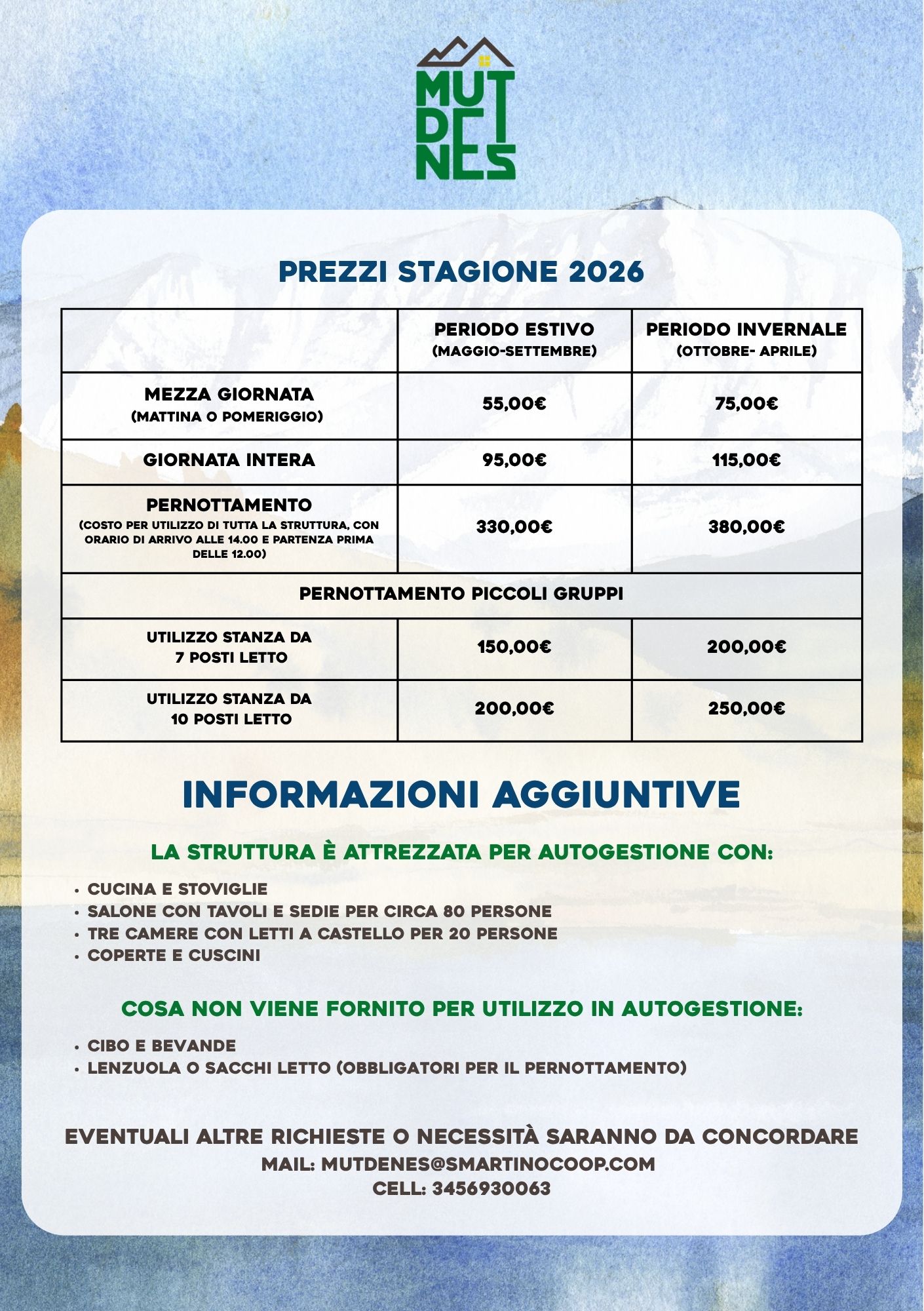 Tariffario 2026 Rifugio Mut de Nes